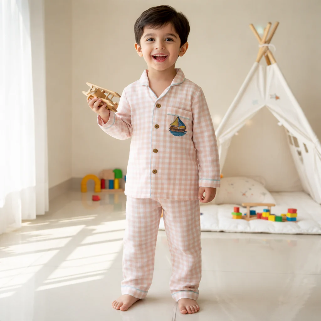 Unisex Crinkle Muslin Night Suit - Peach Gingham
