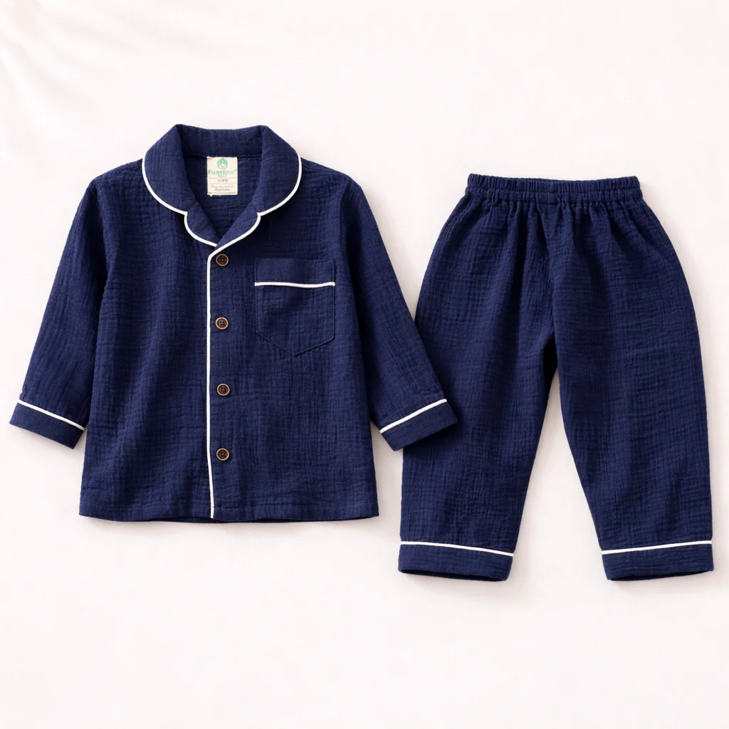 Unisex Crinkle Muslin Night Suit - Midnight Blue