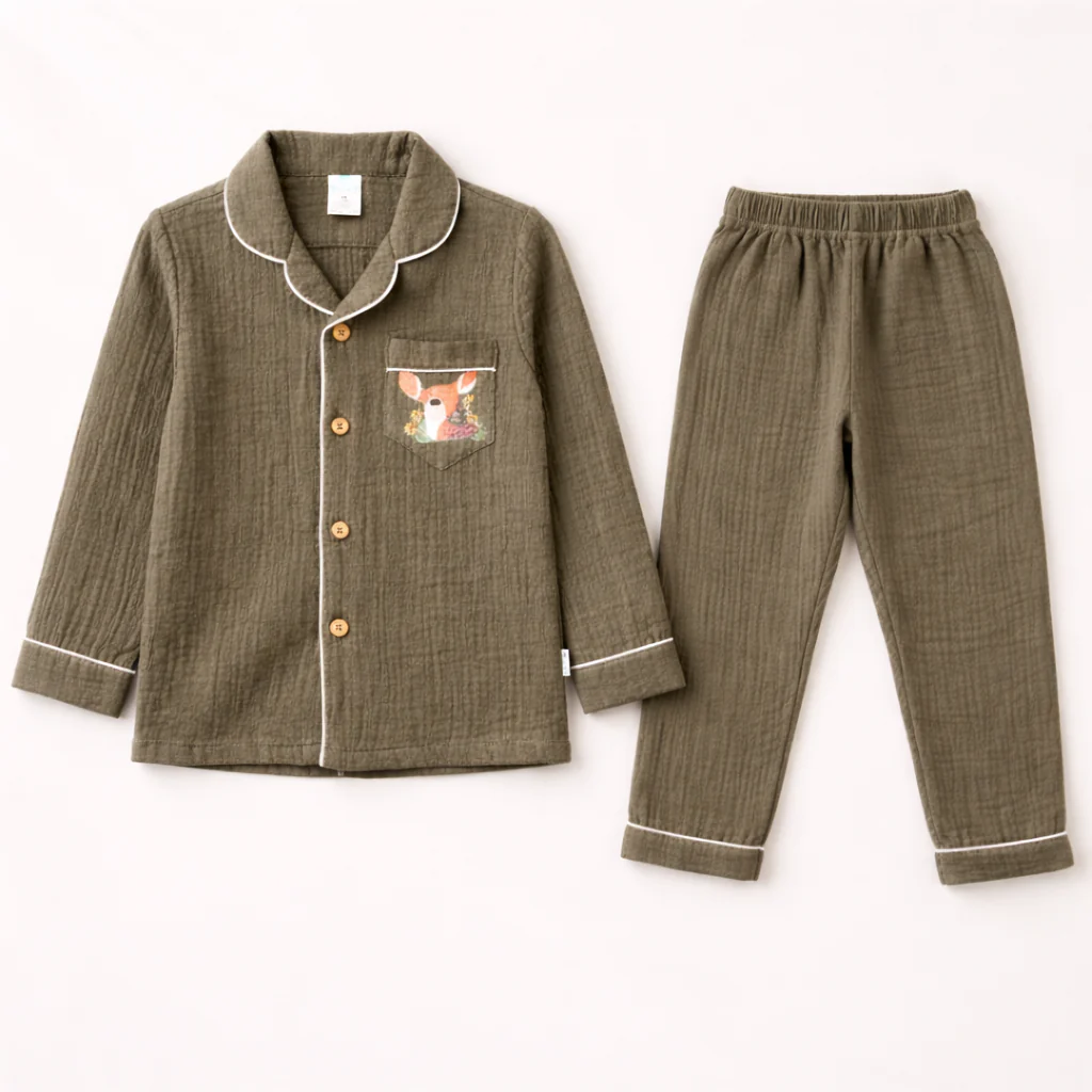 Unisex Crinkle Muslin Night Suit - Forest Green