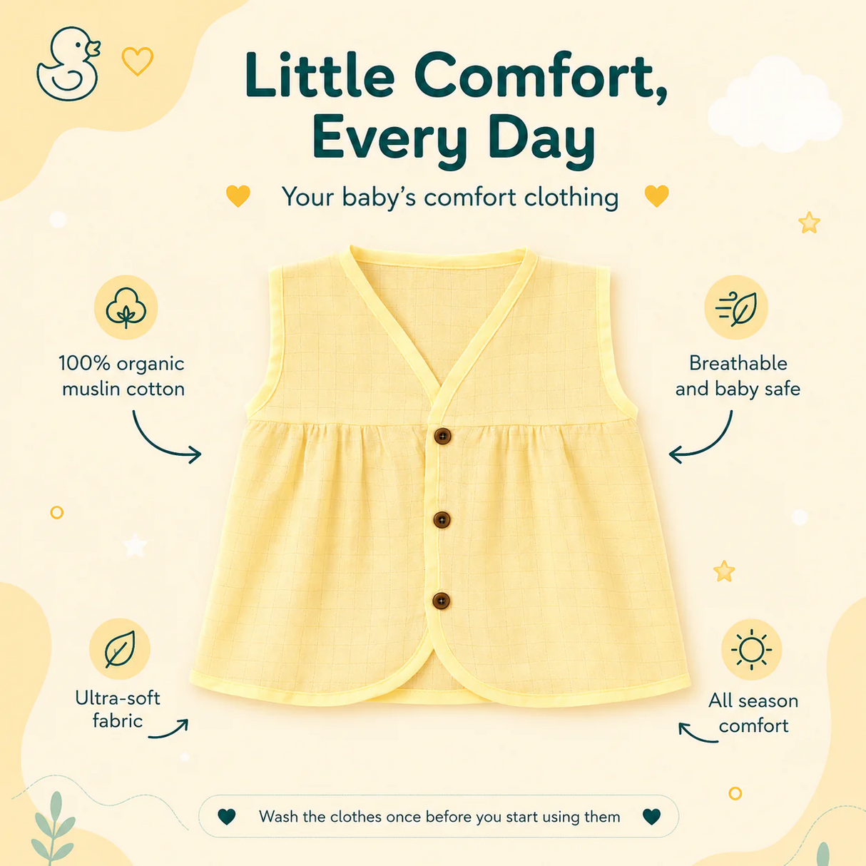 Organic Muslin Frock Jabla- Lemon Drop