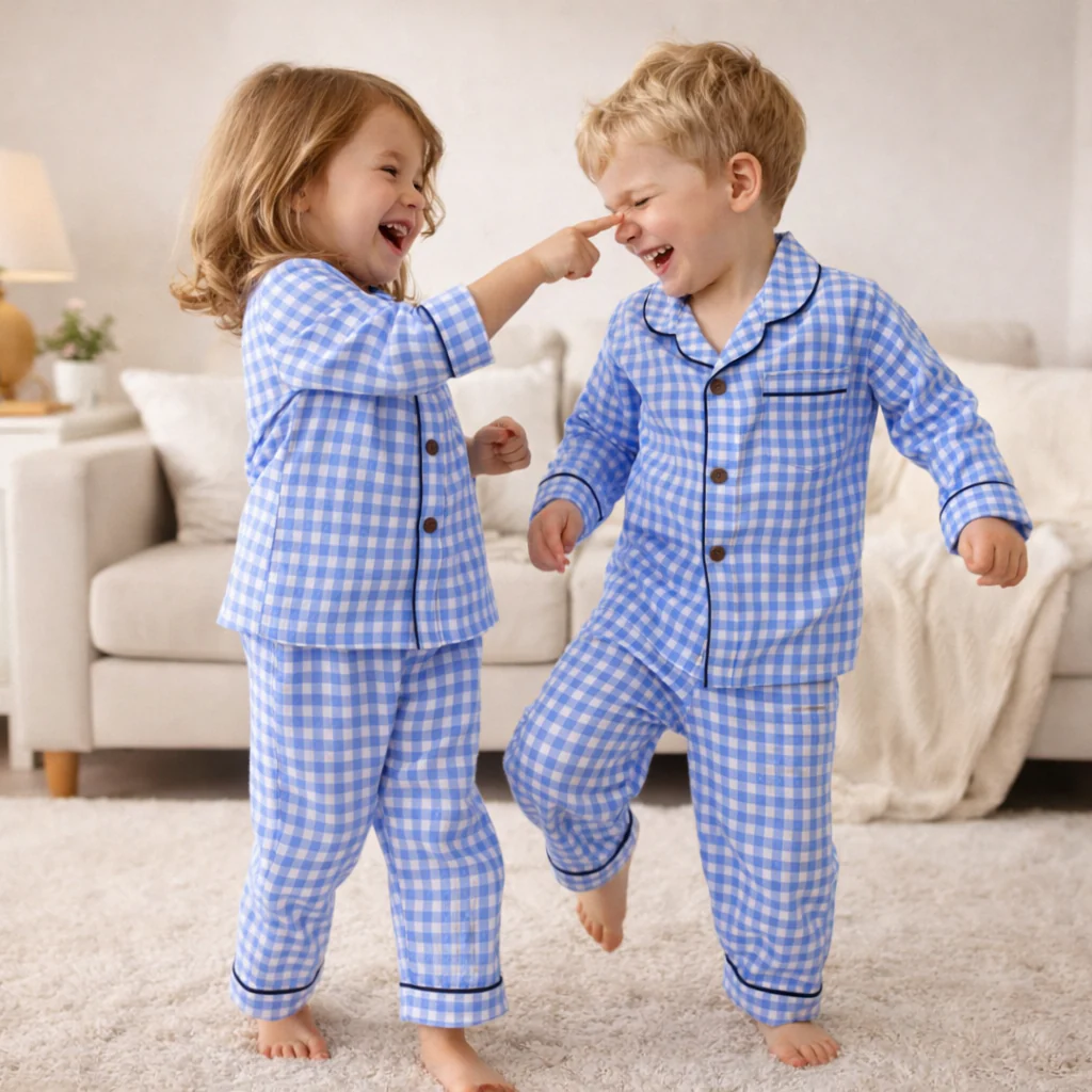 Unisex Cotton Seersucker Night Suit - Blue Checkered