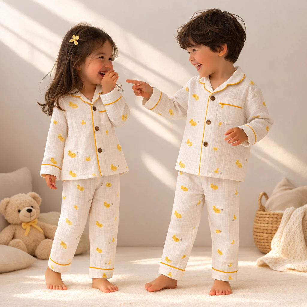 Unisex Crinkle Muslin Night Suit - Little Duckling
