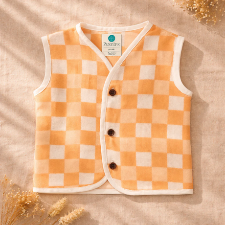 Unisex Organic Muslin Sleeveless Jabla - Peach Gingham
