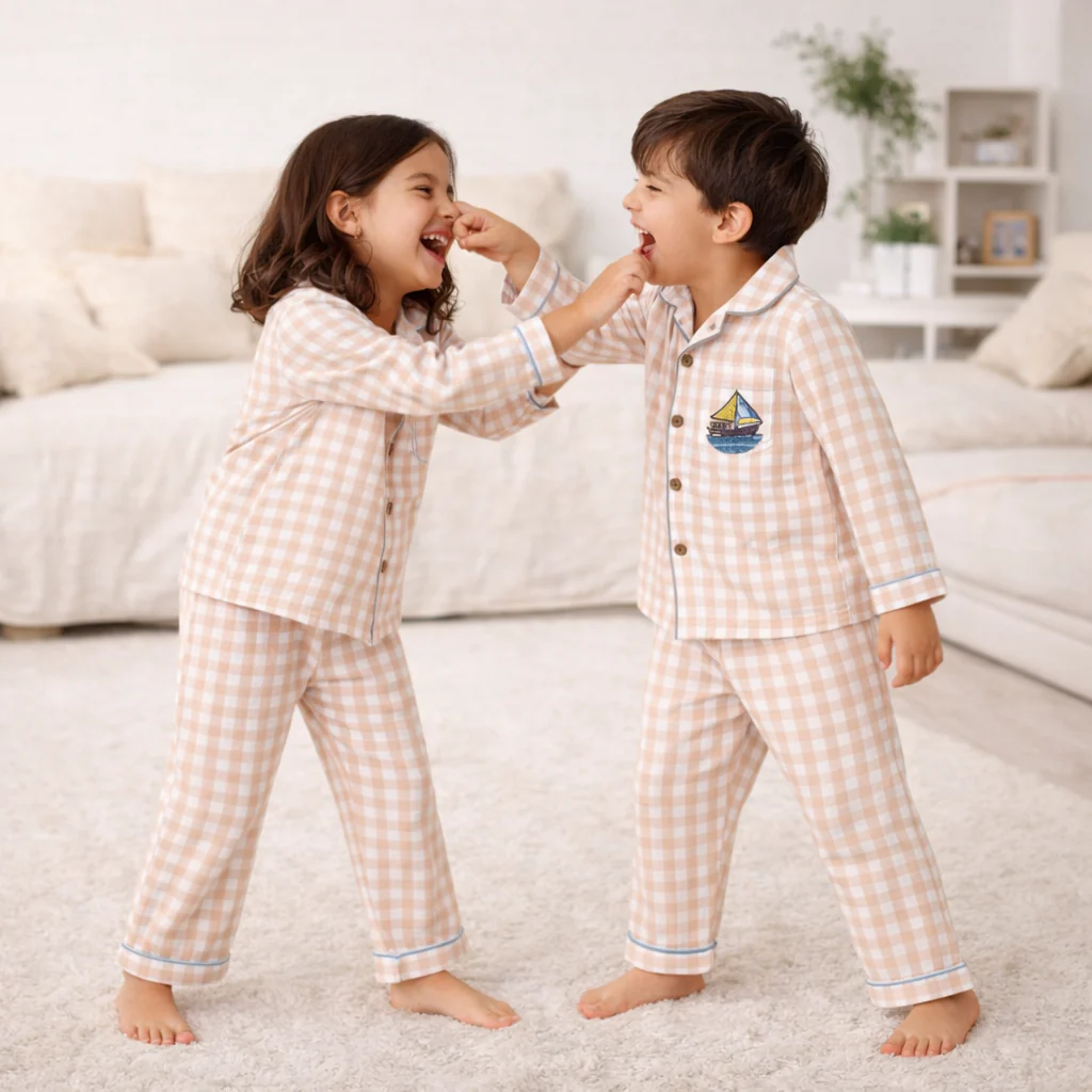 Unisex Crinkle Muslin Night Suit - Peach Gingham