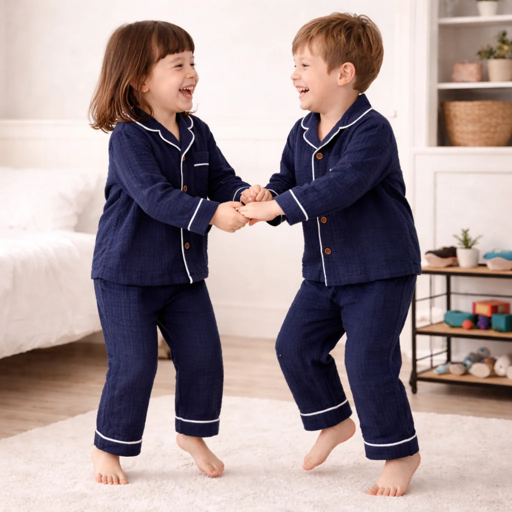 Unisex Crinkle Muslin Night Suit - Midnight Blue