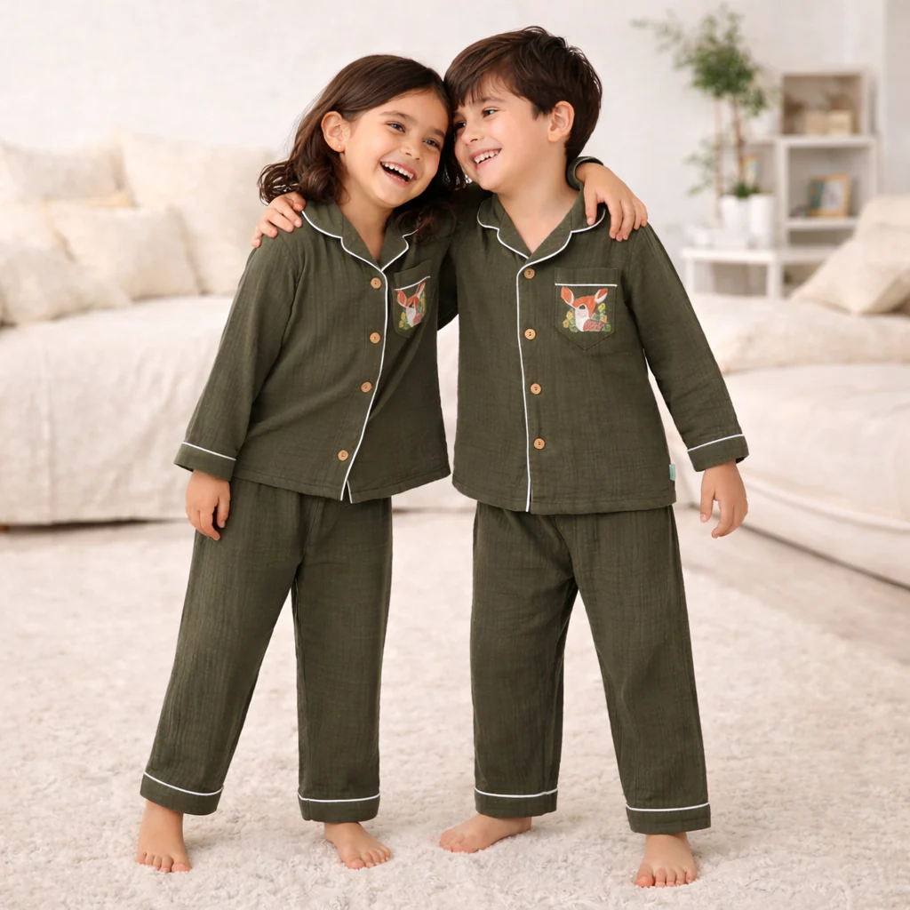 Unisex Crinkle Muslin Night Suit - Forest Green