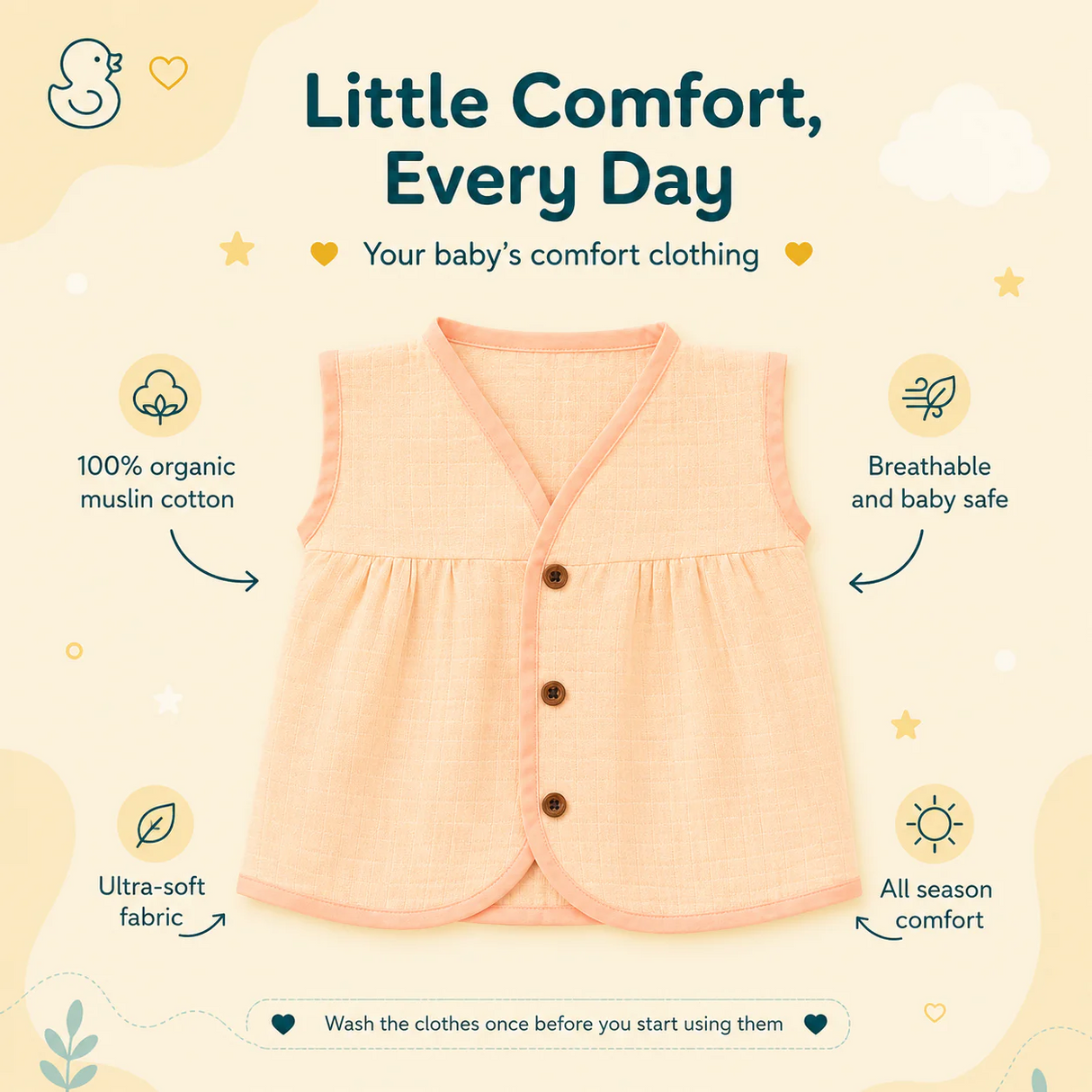 Baby Girl Organic Muslin Frill Jabla- Peach Glow