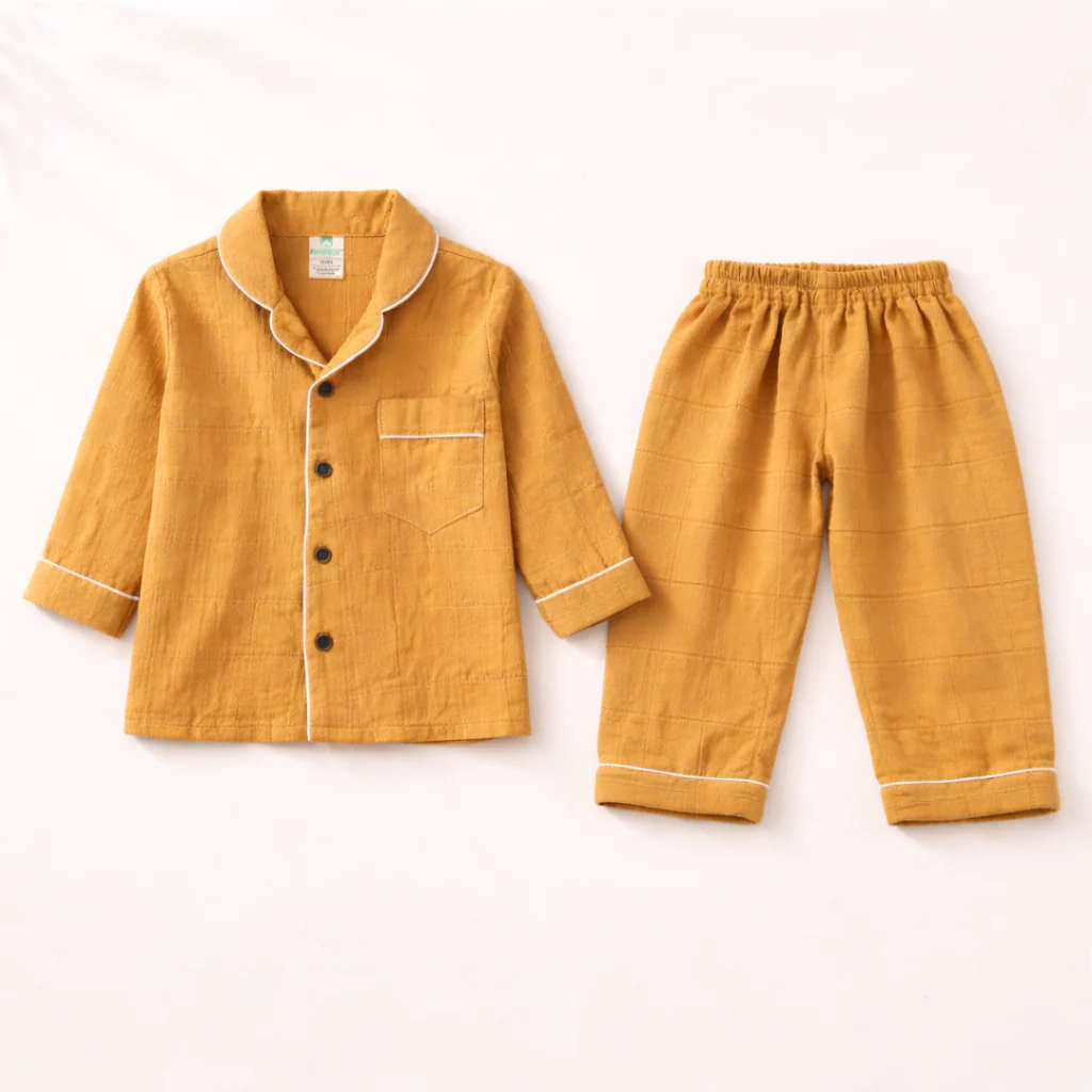 Unisex Crinkle Muslin Night Suit - Mustard