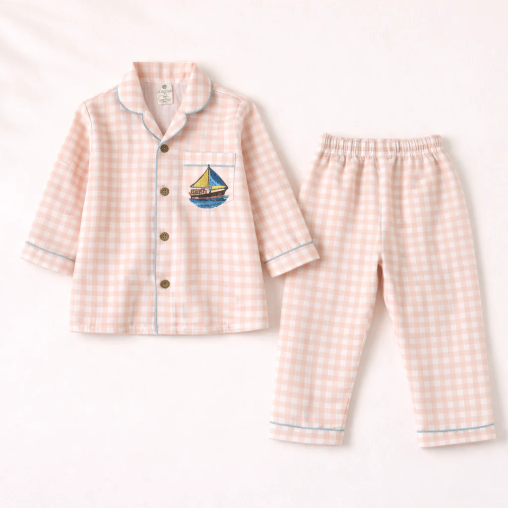 Unisex Crinkle Muslin Night Suit - Peach Gingham