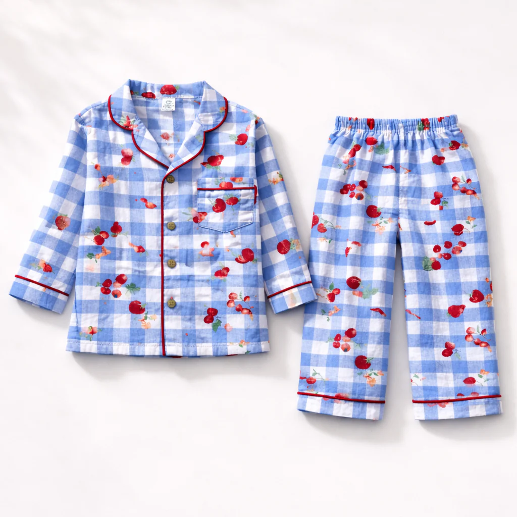 Unisex Crinkle Muslin Night Suit - Cherry Blue
