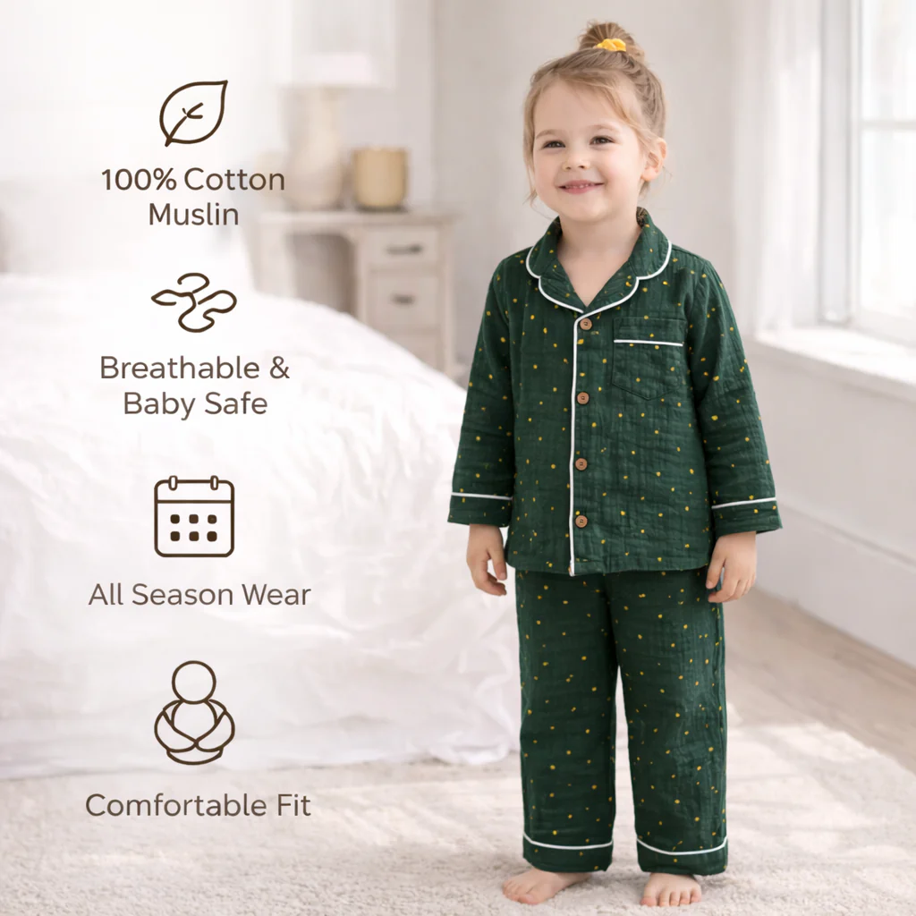 Unisex Crinkle Muslin Night Suit - Hunter Green