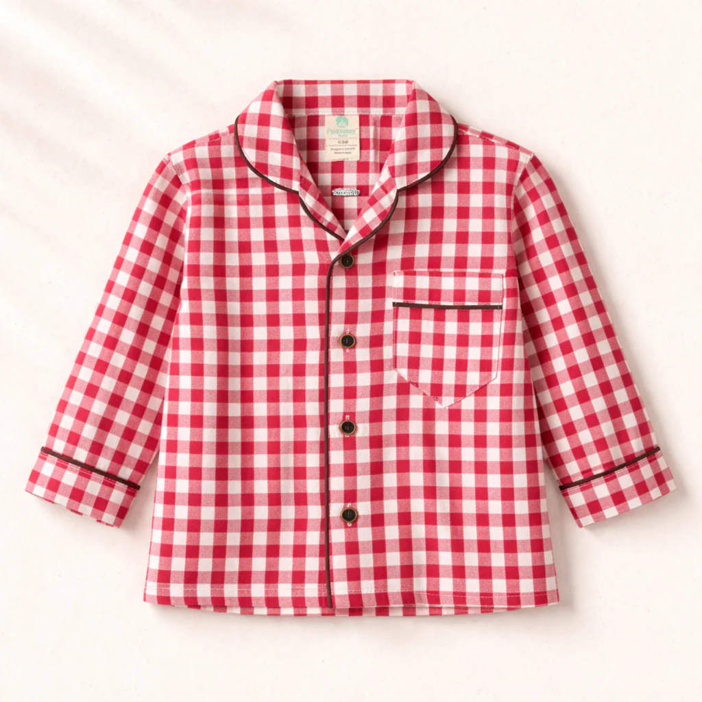 Unisex Cotton Seersucker Night Suit - Berry Red Checkered