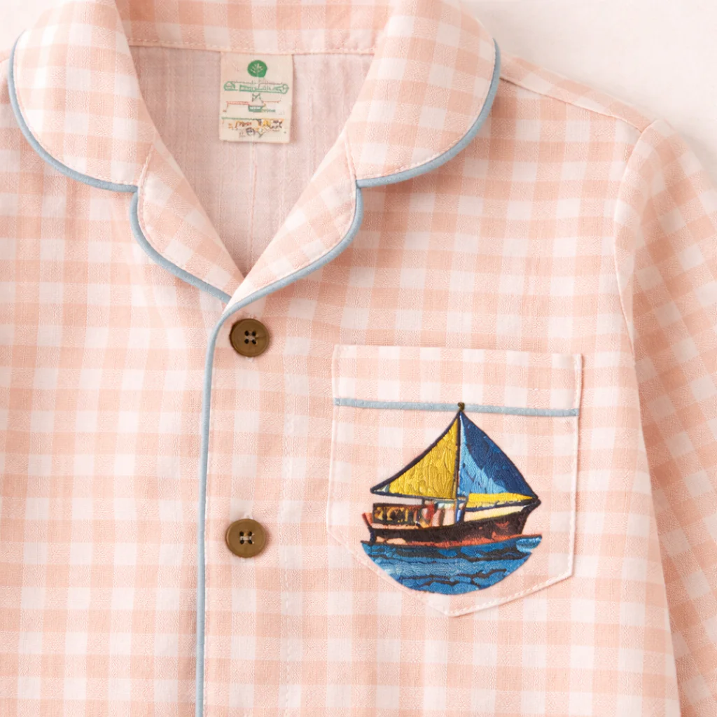 Unisex Crinkle Muslin Night Suit - Peach Gingham