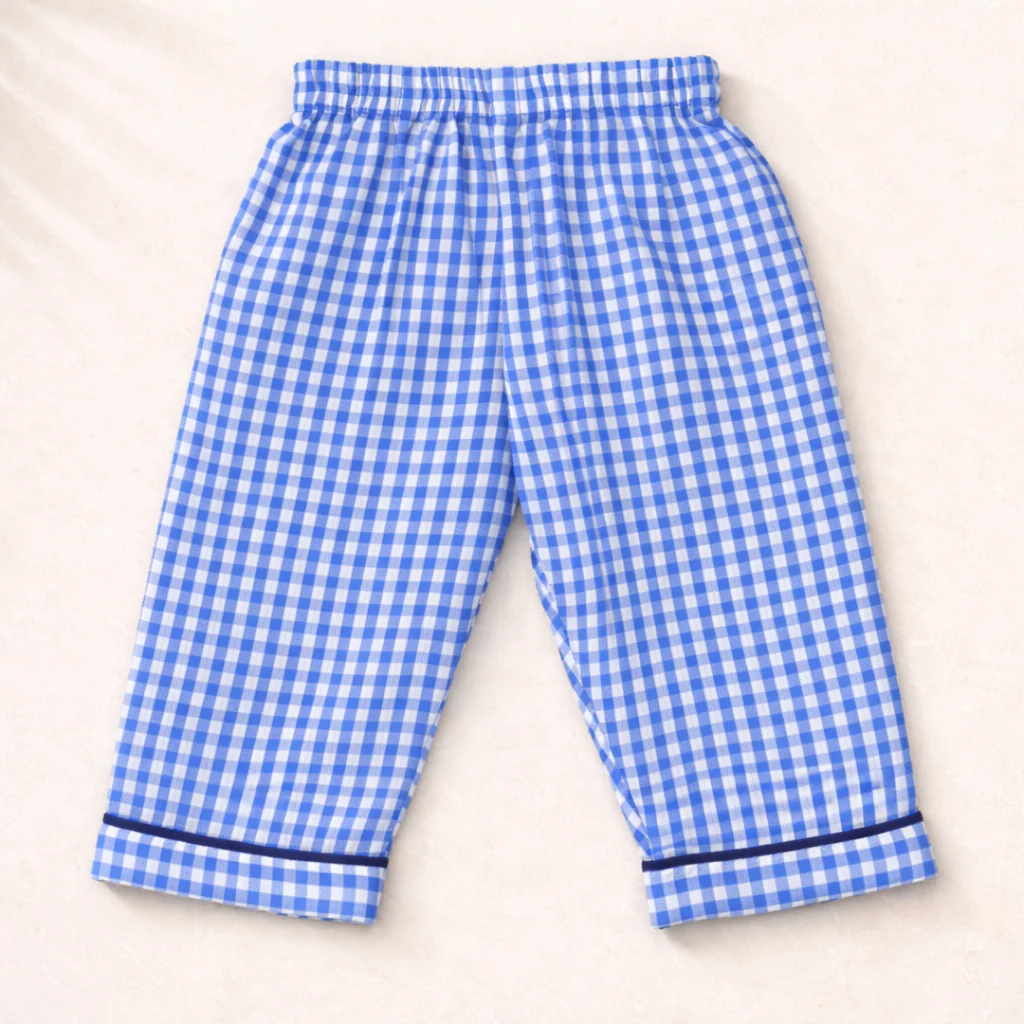 Unisex Cotton Seersucker Night Suit - Blue Checkered