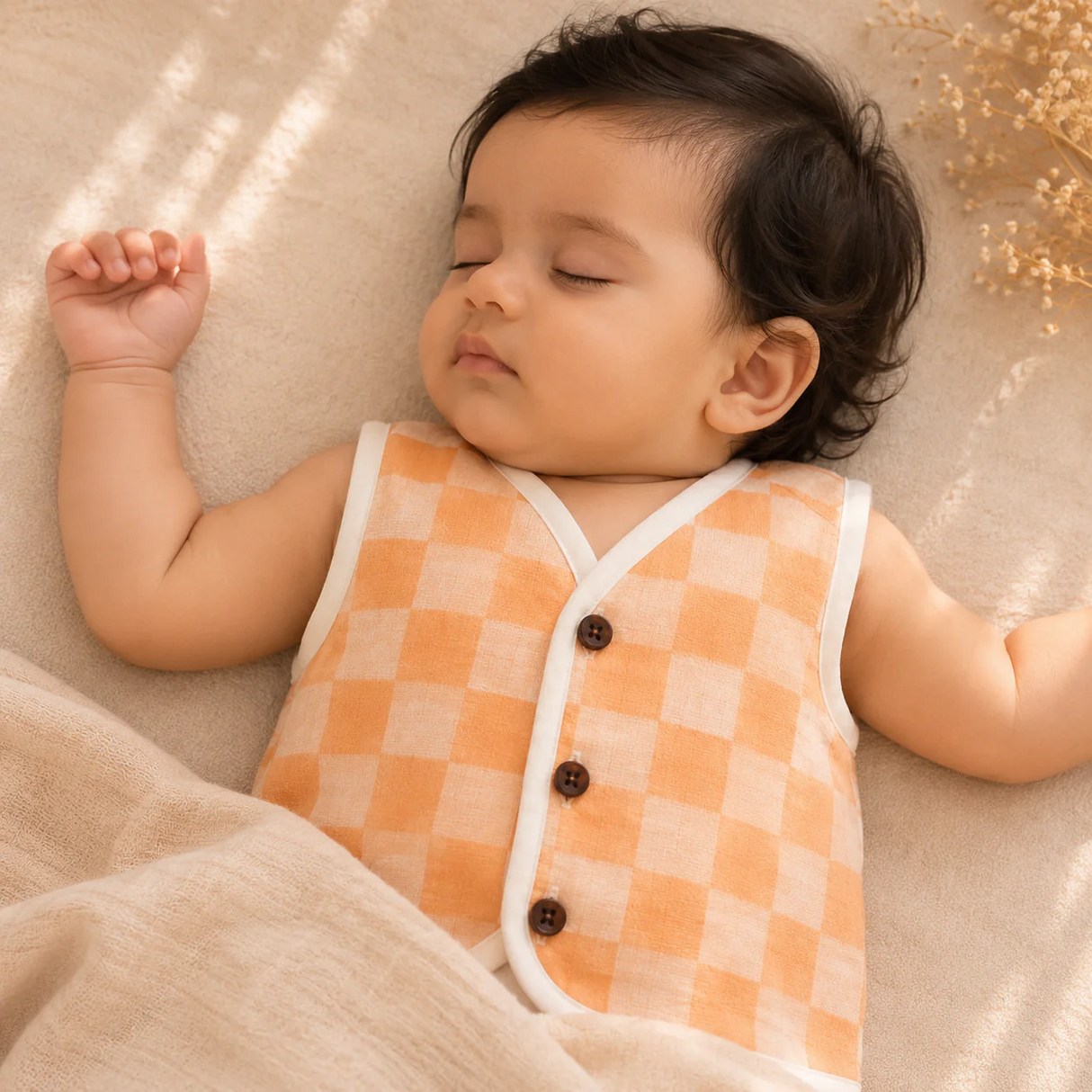 Unisex Organic Muslin Sleeveless Jabla - Peach Gingham