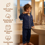 Unisex Crinkle Muslin Night Suit - Midnight Blue
