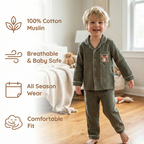 Unisex Crinkle Muslin Night Suit - Forest Green