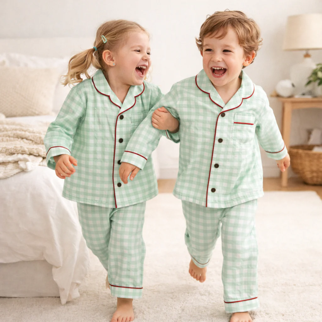 Unisex Cotton Seersucker Night Suit - Mint Checkered