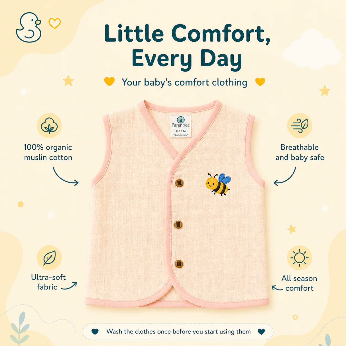 Organic Muslin Unisex Sleeveless Jabla - Peachy Bee