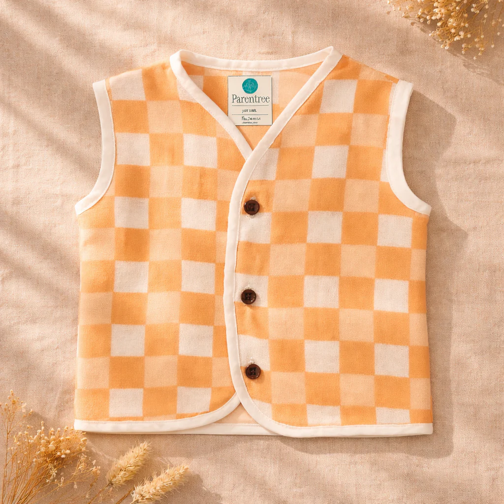 Unisex Organic Muslin Sleeveless Jabla - Peach Gingham