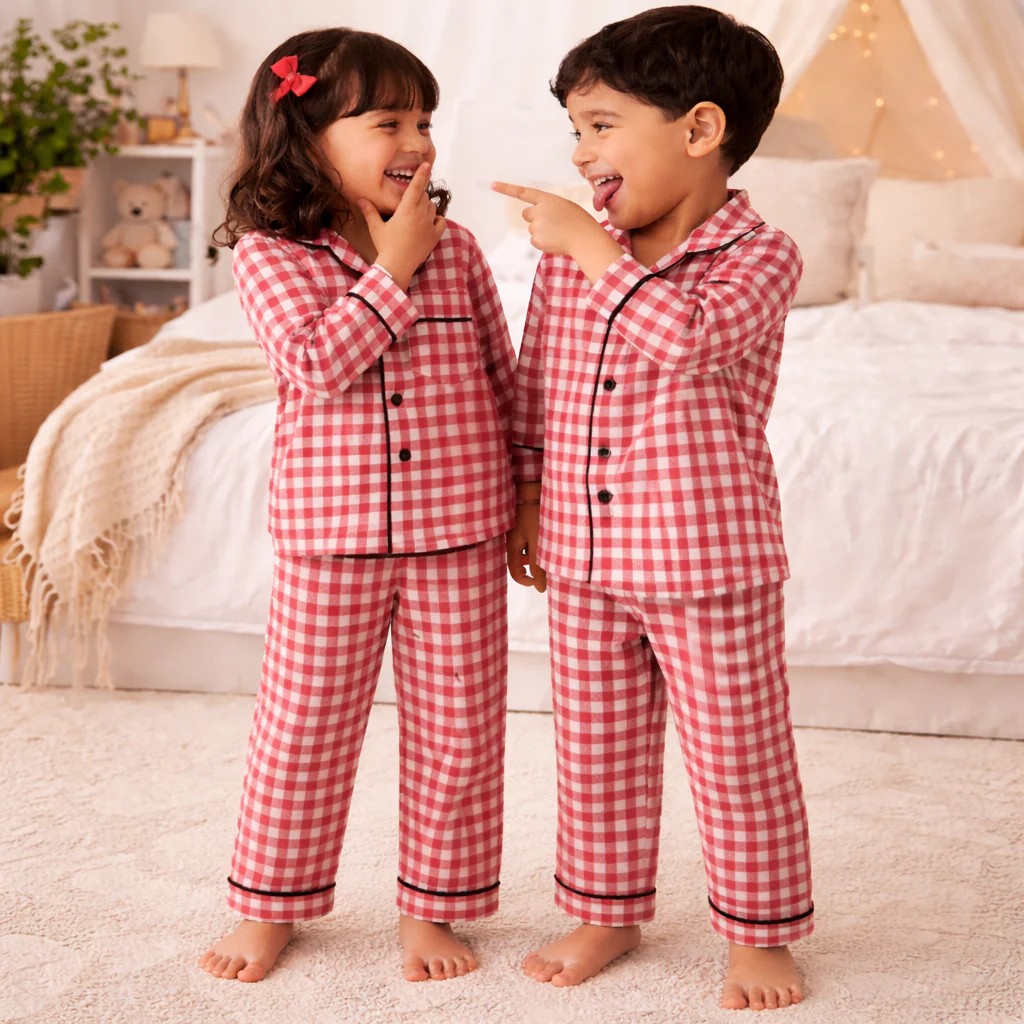Unisex Cotton Seersucker Night Suit - Berry Red Checkered