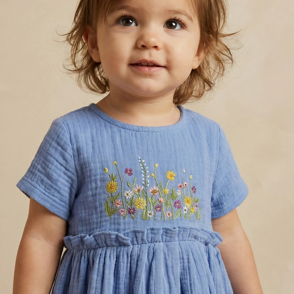 Crinkle Muslin Frill Frock - Embroidered