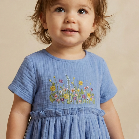 Crinkle Muslin Frill Frock - Embroidered