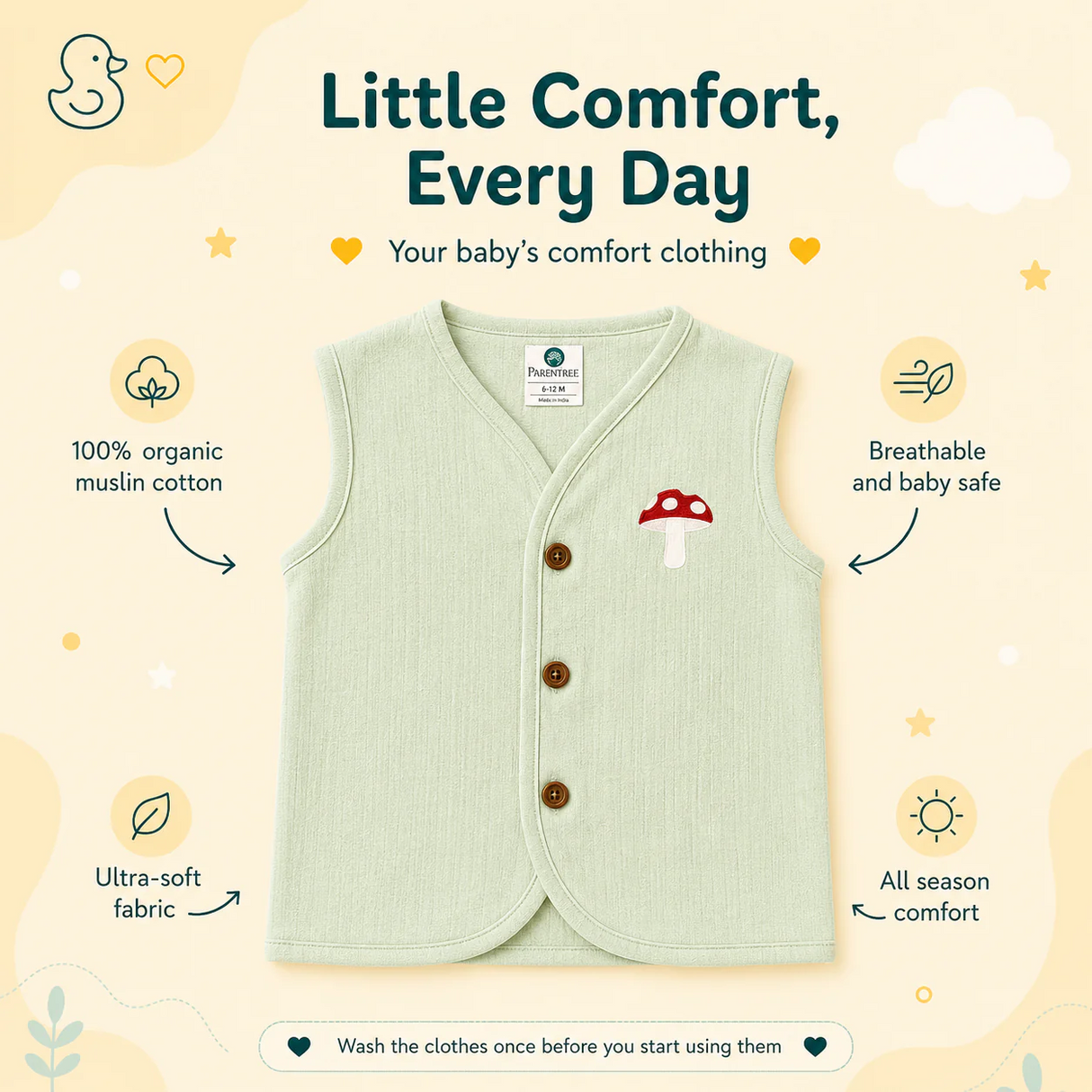 Organic Muslin Unisex Sleeveless Jabla - Mushroom Mist