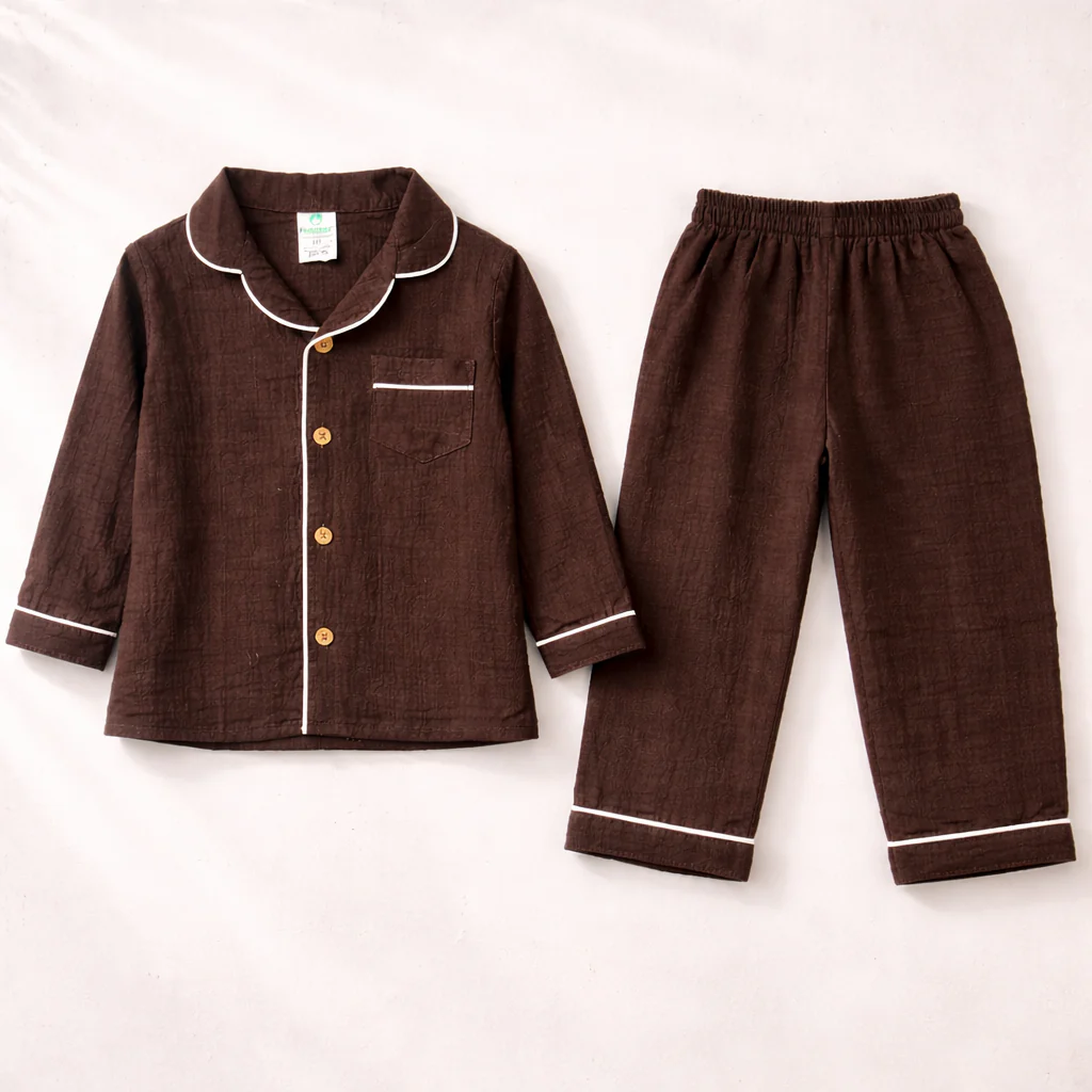 Unisex Crinkle Muslin Night Suit - Hot Chocolate