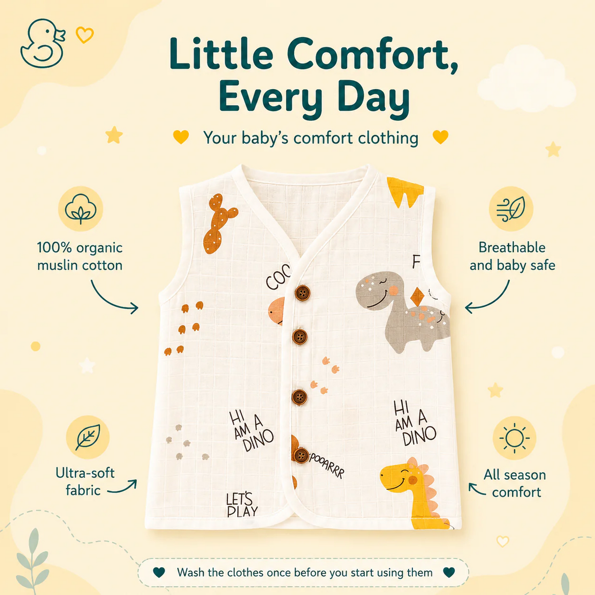 Organic Muslin Unisex Sleeveless Jabla - Tinysaurus