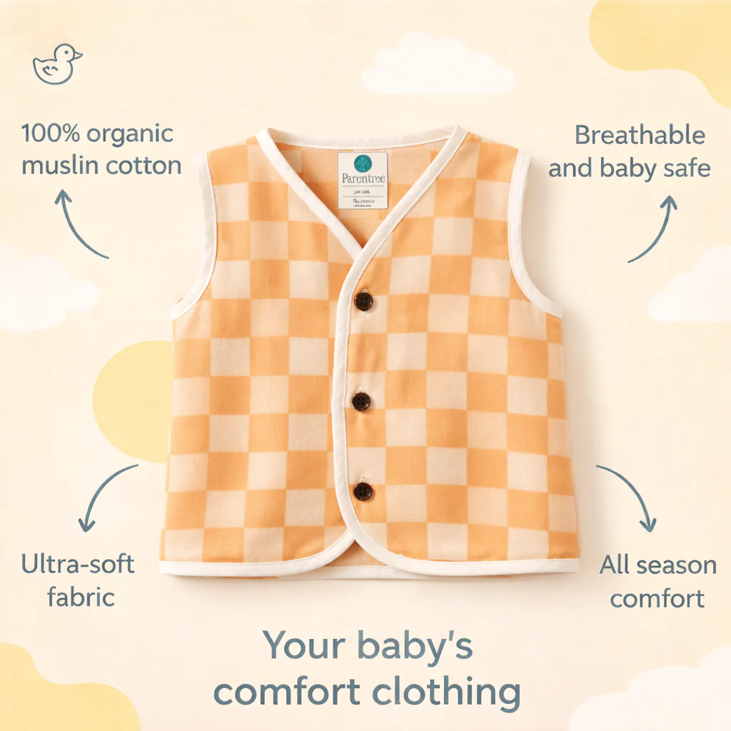 Unisex Organic Muslin Sleeveless Jabla - Peach Gingham