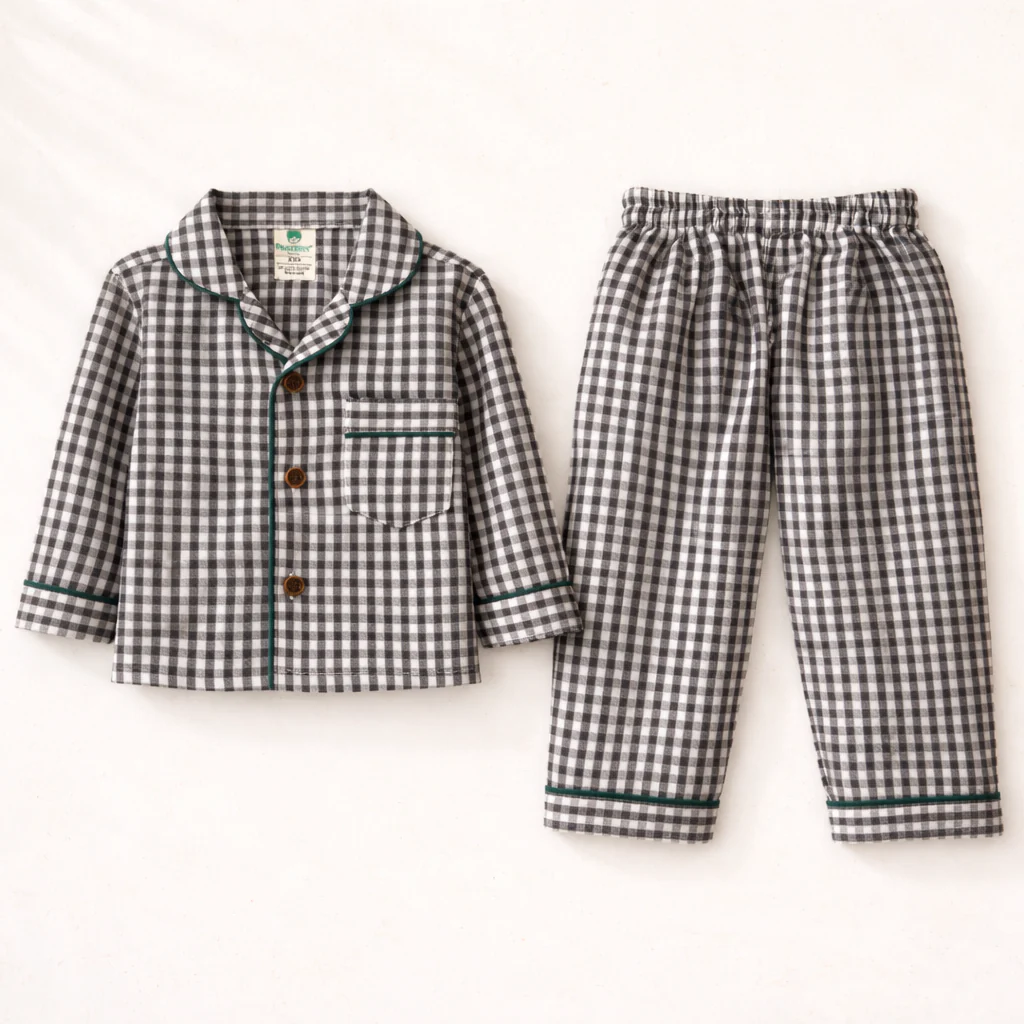 Unisex Cotton Seersucker Night Suit - Black & White Checkered