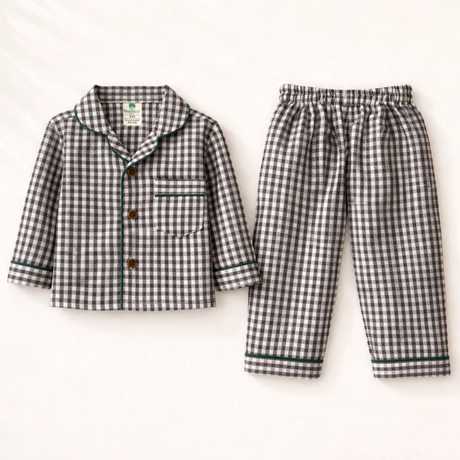 Unisex Cotton Seersucker Night Suit - Black & White Checkered