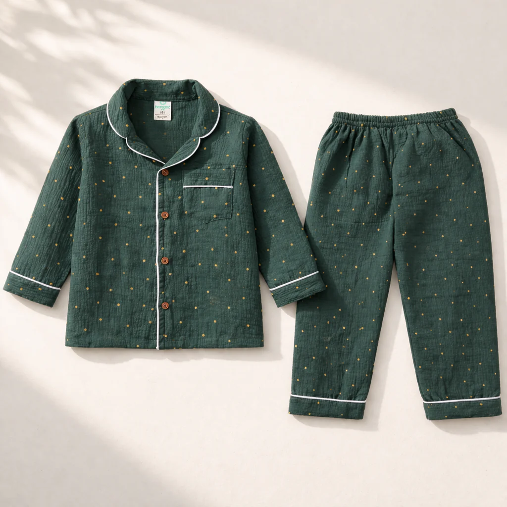 Unisex Crinkle Muslin Night Suit - Hunter Green