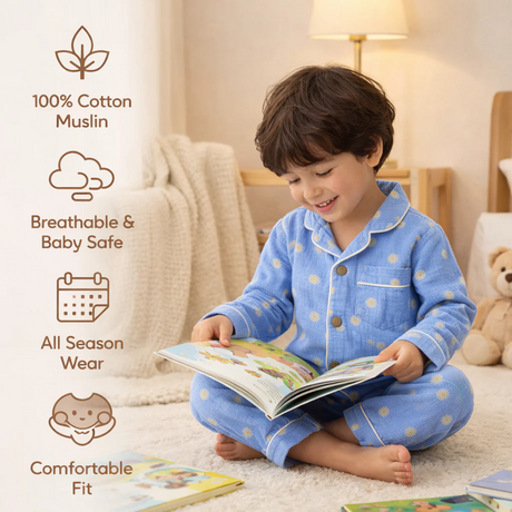 Unisex Crinkle Muslin Night Suit - Blooming Blue