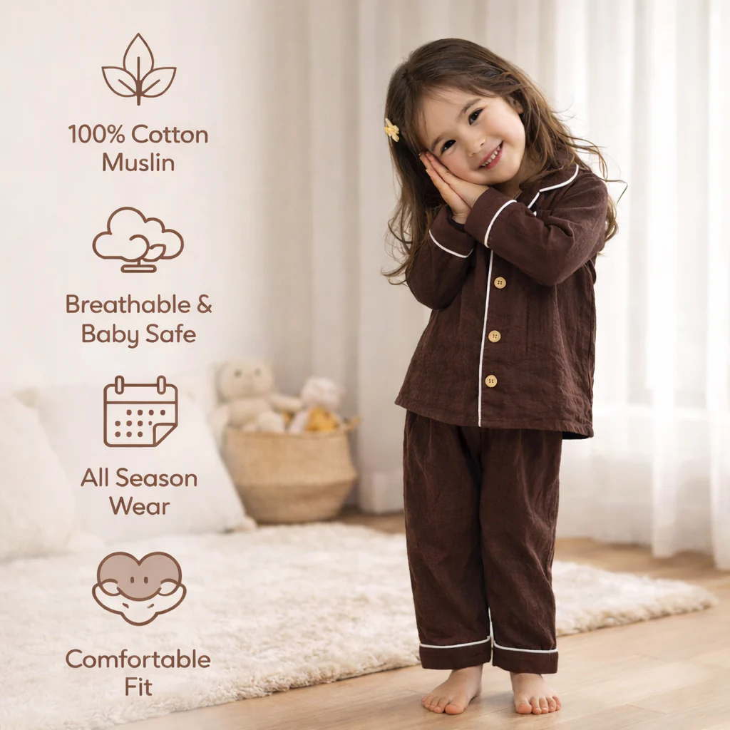 Unisex Crinkle Muslin Night Suit - Hot Chocolate