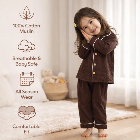 Unisex Crinkle Muslin Night Suit - Hot Chocolate