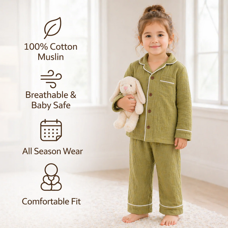 Unisex Crinkle Muslin Night Suit - Little Olive