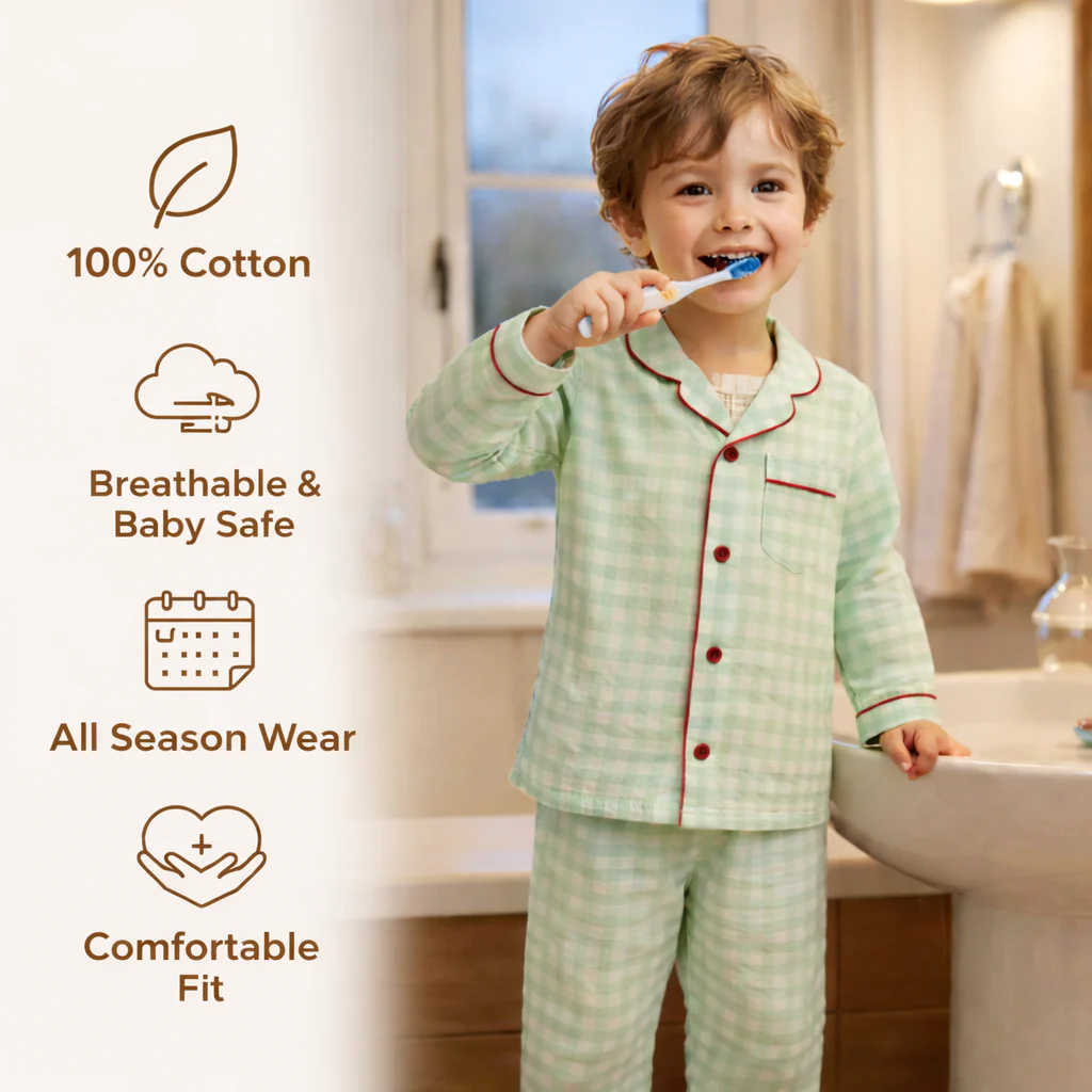 Unisex Cotton Seersucker Night Suit - Mint Checkered