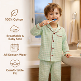 Unisex Cotton Seersucker Night Suit - Mint Checkered