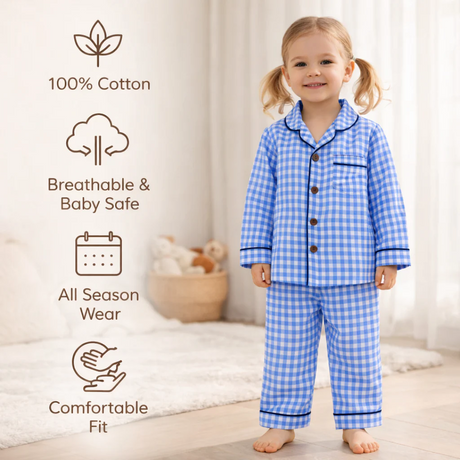 Unisex Cotton Seersucker Night Suit - Blue Checkered