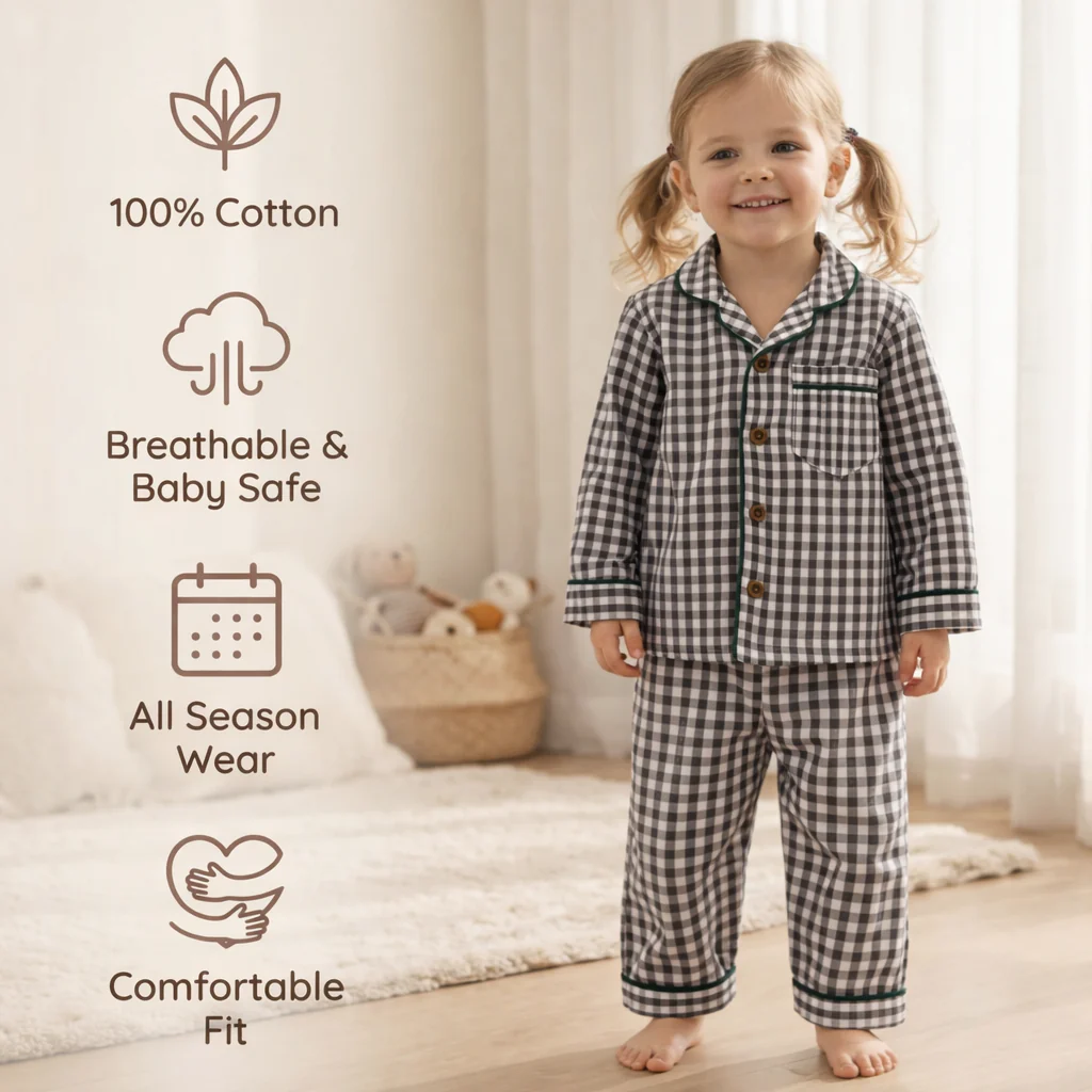 Unisex Cotton Seersucker Night Suit - Black & White Checkered