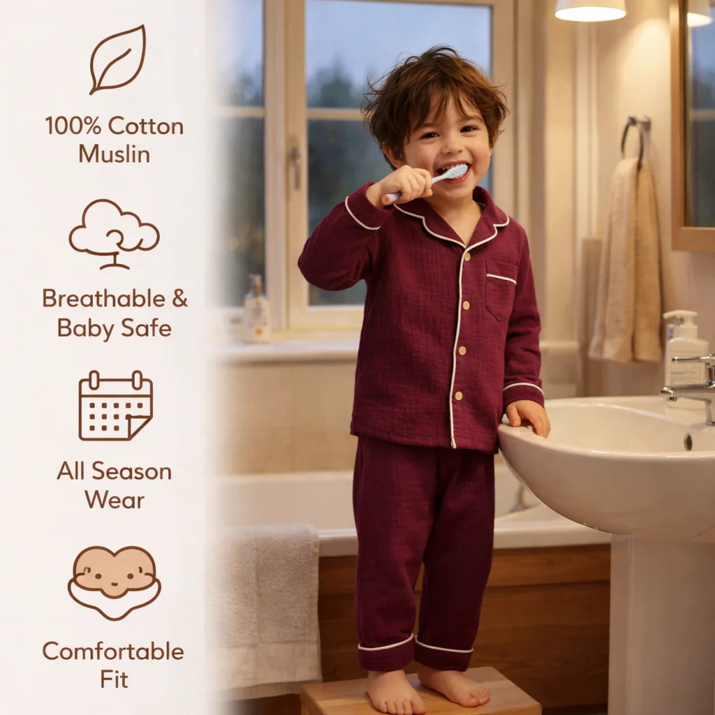 Unisex Crinkle Muslin Night Suit - Sweet Mulberry