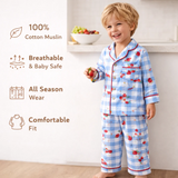 Unisex Crinkle Muslin Night Suit - Cherry Blue