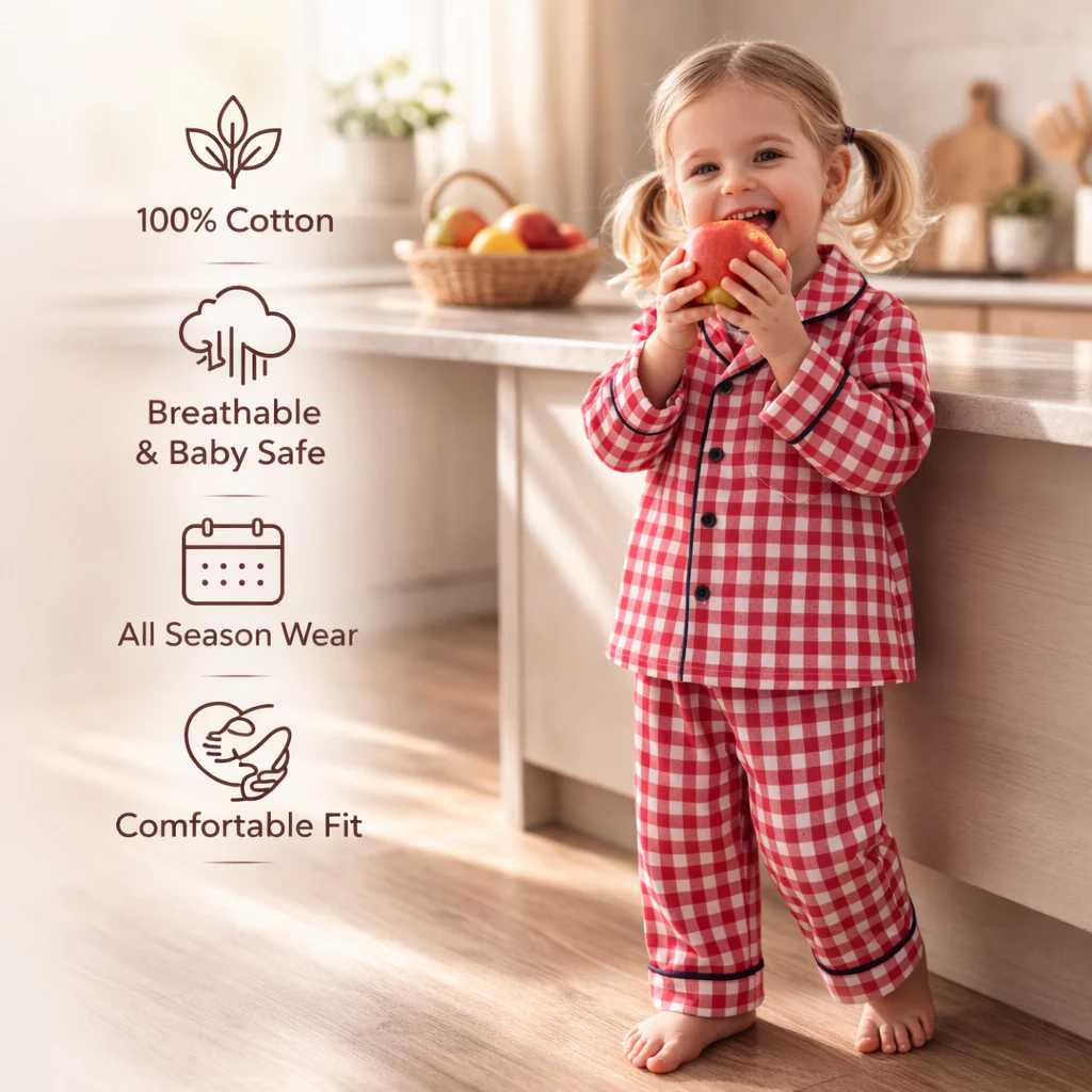 Unisex Cotton Seersucker Night Suit - Berry Red Checkered