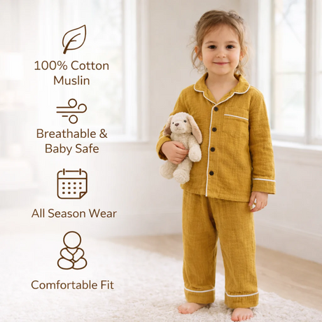 Unisex Crinkle Muslin Night Suit - Golden Glow