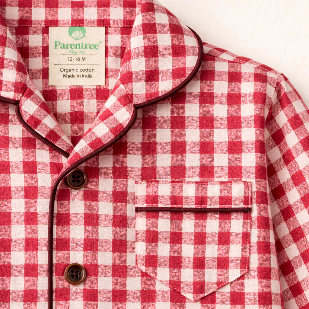 Unisex Cotton Seersucker Night Suit - Berry Red Checkered