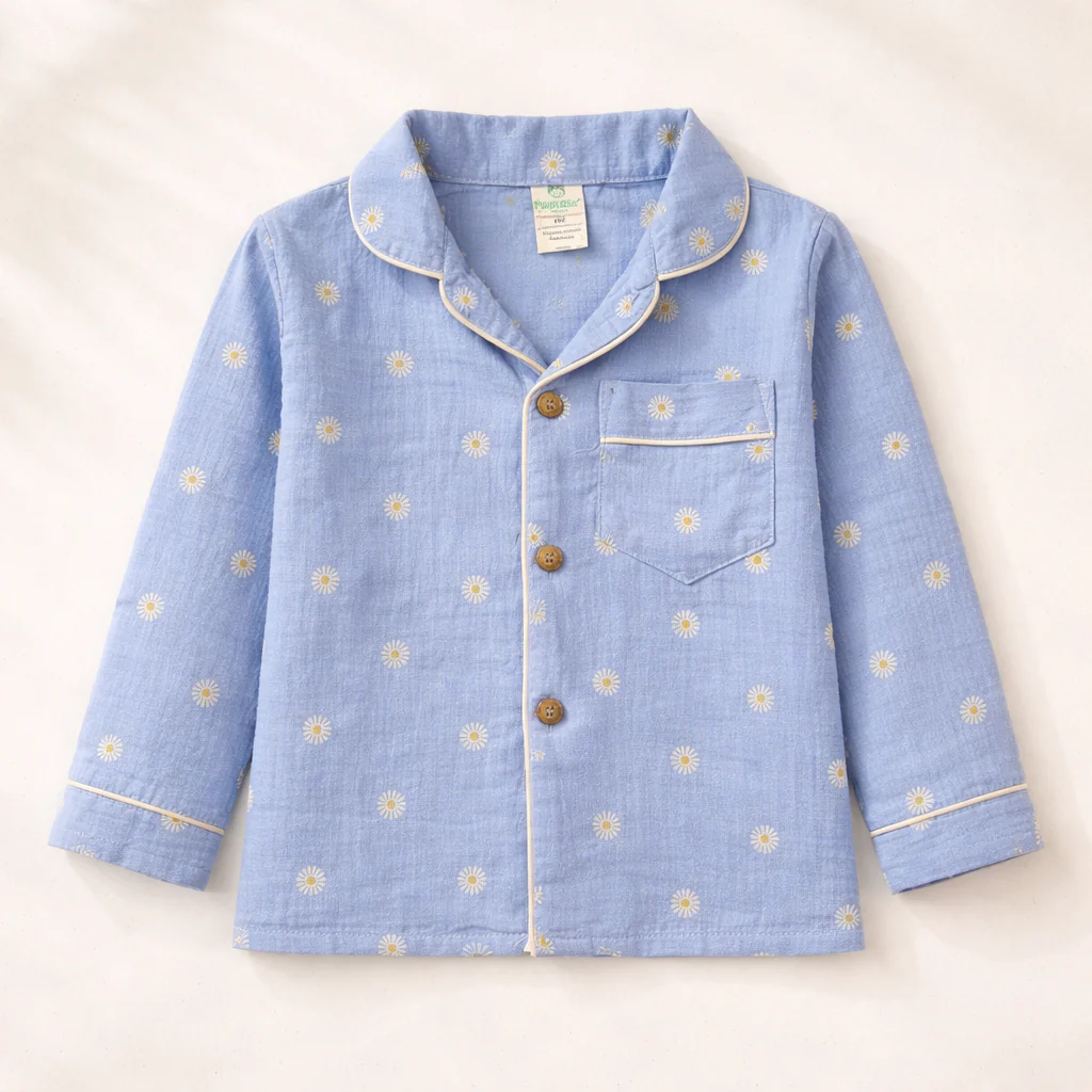 Unisex Crinkle Muslin Night Suit - Blooming Blue