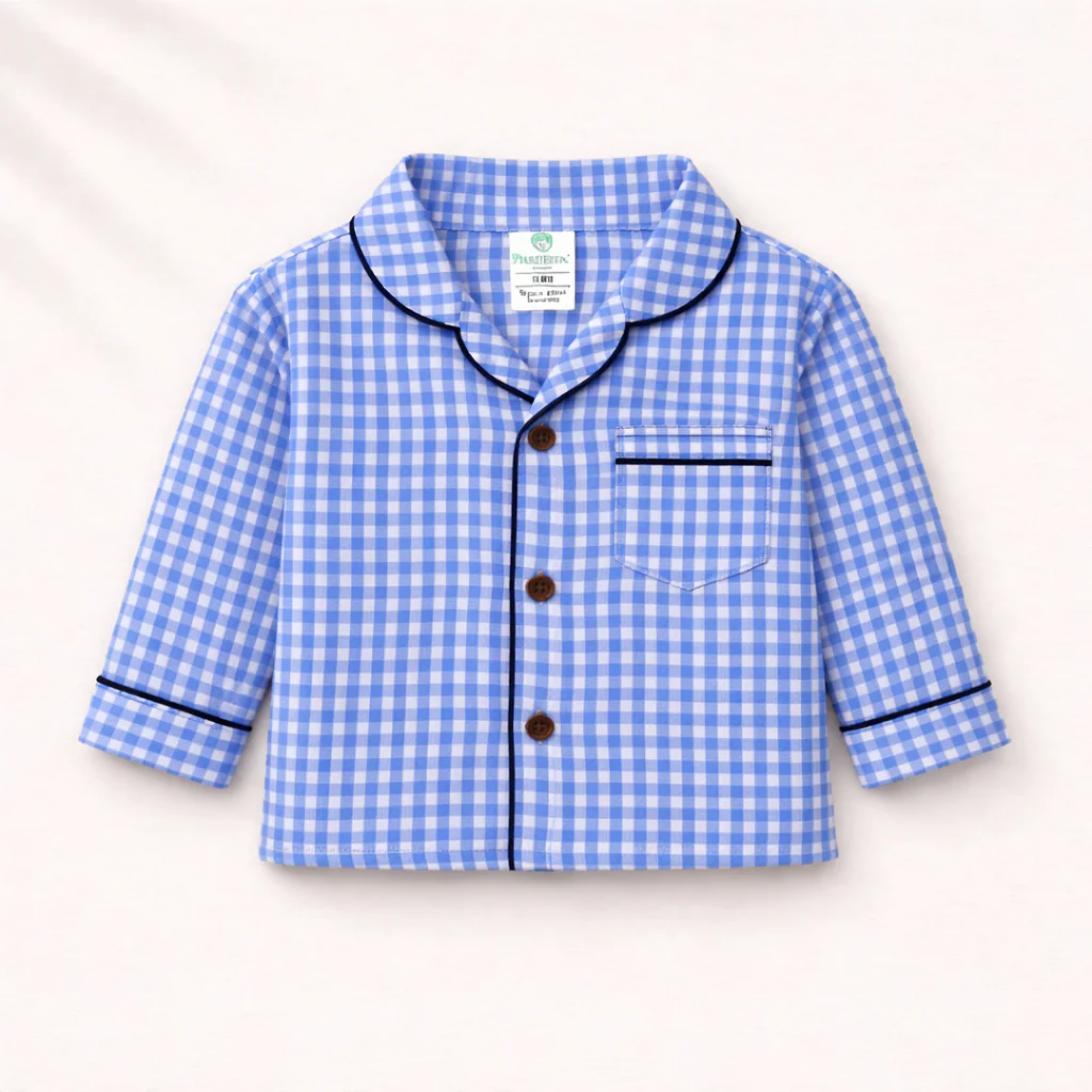 Unisex Cotton Seersucker Night Suit - Blue Checkered