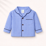 Unisex Cotton Seersucker Night Suit - Blue Checkered